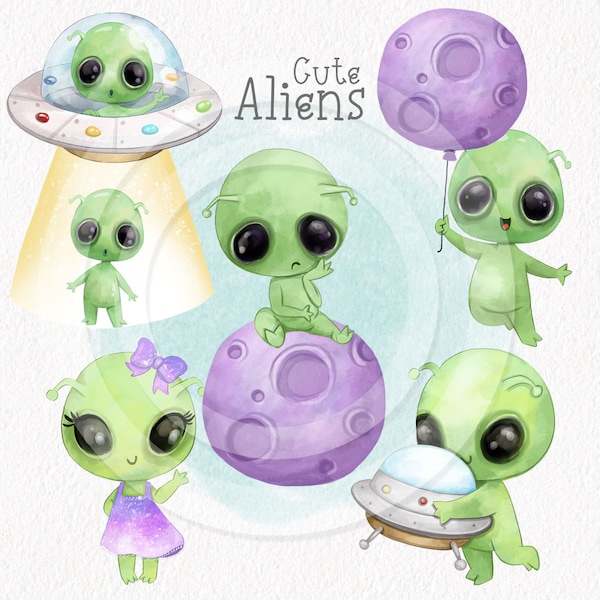 Cute Aliens clipart , UFO clipart PNG files 300 dpi.