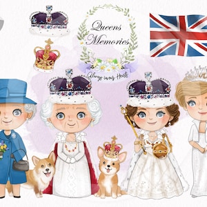 May include: Digital illustration of four cartoon women wearing crowns and dresses. The women are depicted as Queen Elizabeth II, Princess Diana, and two other queens. The illustration includes a Corgi dog, a crown, and a British flag. The text "Queens Memories Always in our Hearts" is included in the image.