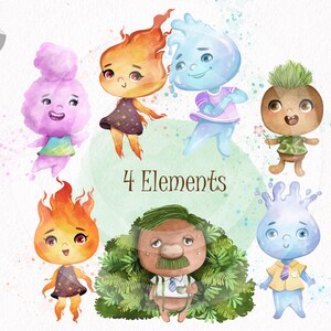 Peut inclure: Illustration aquarelle de quatre personnages de dessin animé représentant les quatre éléments : le feu, l’eau, l’air et la terre. Chaque personnage est représenté avec un design et une palette de couleurs uniques. Le texte « 4 Elements » est écrit en brun en bas de l’image.