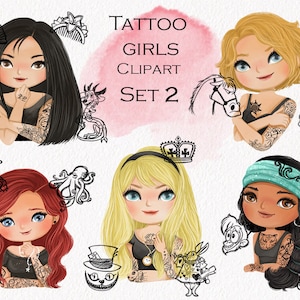 Girls with tattoo clipart set 2 ,instant download PNG file - 300 dpi