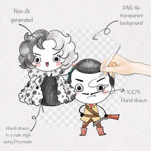 May include: A digital illustration featuring two cartoon characters, one with a black and white hairstyle and a spotted coat, and the other with a stern expression. The image includes text indicating it is hand-drawn and a PNG file with a transparent background.