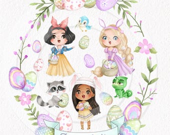 Easter girls and pet Set 2, Hand drawn illustration Clipart PNG files 300 dpi.