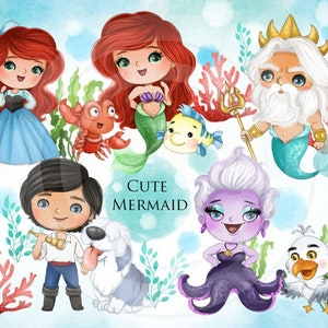 K&ouml;nnte beinhalten: Ein Set s&uuml;&szlig;er Comicfiguren aus Arielle, die Meerjungfrau, darunter Arielle, Prinz Eric, Ursula, K&ouml;nig Triton und Sebastian. Die Figuren sind im Aquarellstil gezeichnet und haben gro&szlig;e Augen und l&auml;cheln. Der Text "Cute Mermaid" steht in der Mitte des Bildes.