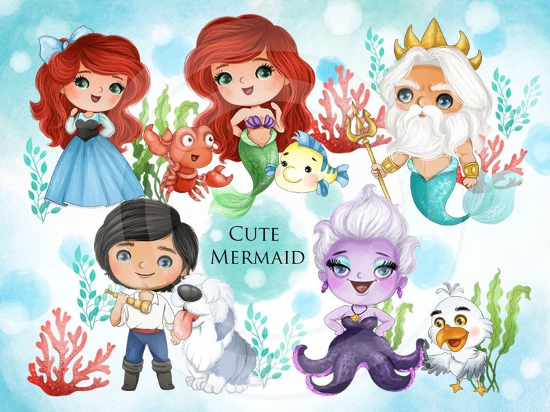 K&ouml;nnte beinhalten: Ein Set s&uuml;&szlig;er Comicfiguren aus Arielle, die Meerjungfrau, darunter Arielle, Prinz Eric, Ursula, K&ouml;nig Triton und Sebastian. Die Figuren sind im Aquarellstil gezeichnet und haben gro&szlig;e Augen und l&auml;cheln. Der Text "Cute Mermaid" steht in der Mitte des Bildes.