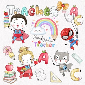 Könnte beinhalten: Bunte Illustration mit den Worten "Teacher" und "Thank you Teacher". Sie zeigt Cartoon-Superhelden, Äpfel, Bleistifte, einen Regenbogen und ABC-Buchstaben, ideal für Lehrergeschenke.
