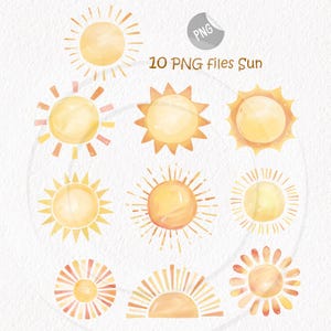 May include: Watercolor illustrations of ten different sun designs in shades of yellow and orange. The text "10 PNG files Sun" is displayed near the top. The suns have various styles, including spiky rays and rounded shapes.