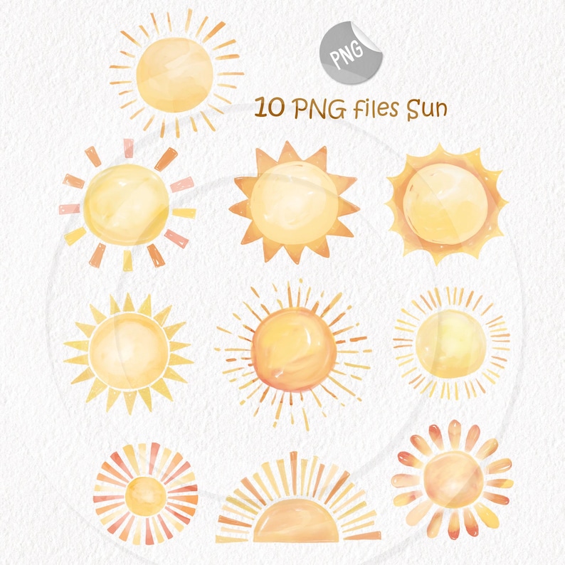 May include: Watercolor illustrations of ten different sun designs in shades of yellow and orange. The text "10 PNG files Sun" is displayed near the top. The suns have various styles, including spiky rays and rounded shapes.