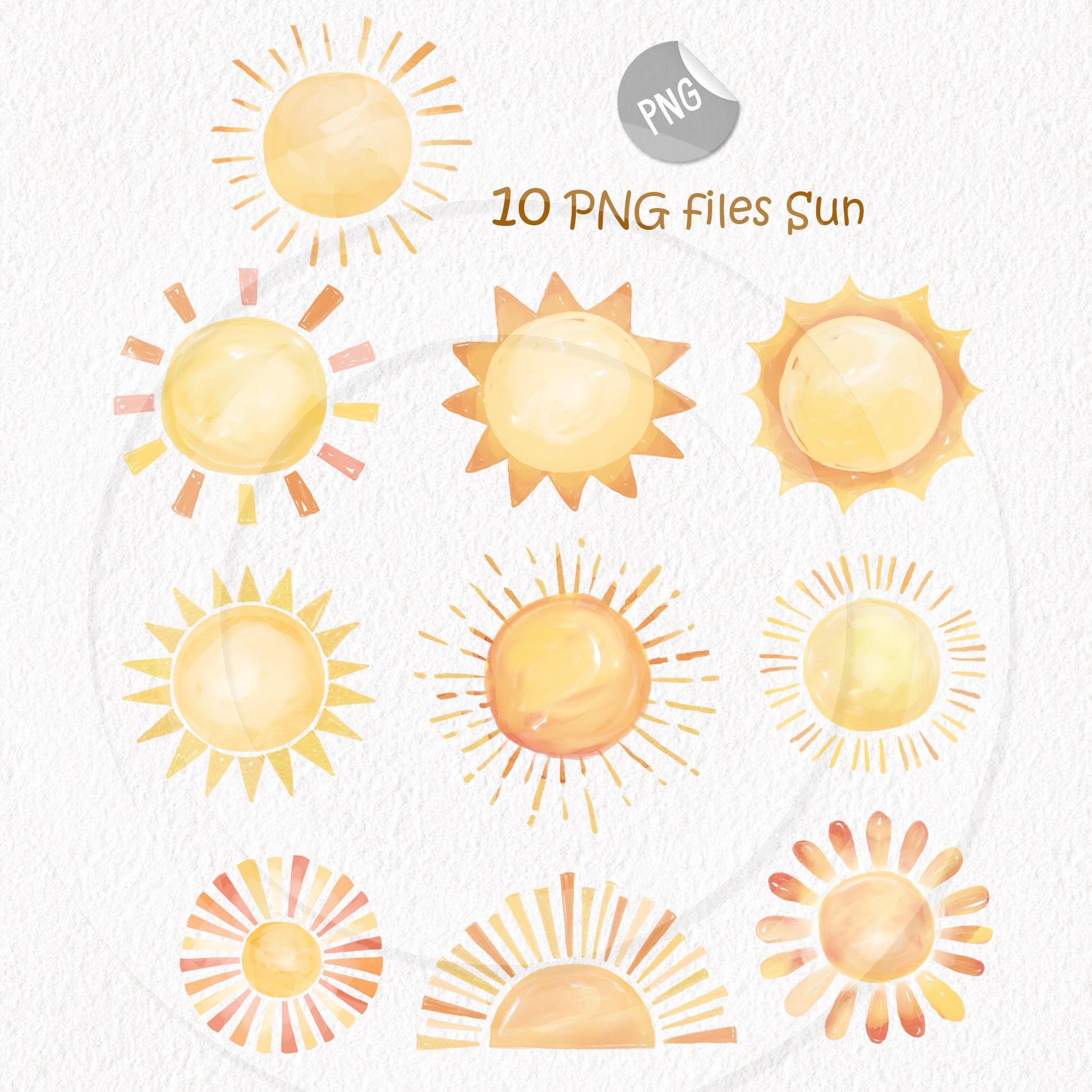 Sun Pdx File Sun Clipart, Water Color Sun Clipart, Hand Drawn Clipart, PNG Files 300 ...