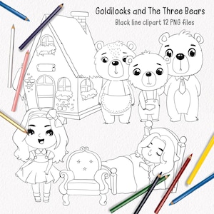 Goldilocks and The Three Bears clipart, blackline art instant download PNG file - 300 dpi