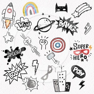 May include: A collection of hand-drawn superhero and comic book-themed illustrations. Includes a rocket ship, rainbow, planet, lightning bolts, speech bubbles with "WOW", "BANG", "BOOM", "SPLASH", and "POW", a superhero shield, and the words "SUPER HERO".