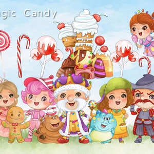 Puede incluir: Una ilustración colorida de un castillo de caramelo con un rey, una persona de jengibre, un hada y otros personajes. El texto "Magic Candy" está en la parte superior de la imagen.
