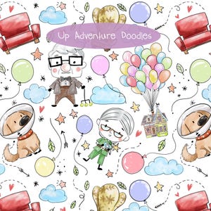 May include: A colourful illustration inspired by the film "Up," featuring cartoon characters, balloons, a house, clouds, stars, and a dog wearing a cone. The text "Up Adventure Doodles" is visible. The design has a playful and cheerful aesthetic.