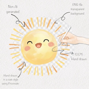 May include: A watercolor illustration of a smiling sun with yellow and orange rays. The sun has rosy cheeks and a happy expression. Text includes "Non Ai generated", "PNG file transparent background", "100% Hand drawn", and "Hand-drawn in a cute style using Procreate".
