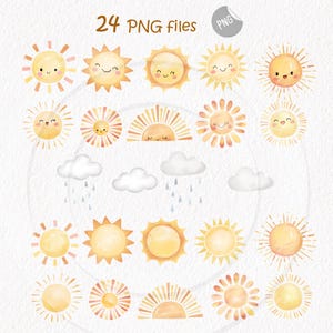 May include: A collection of 24 PNG files featuring watercolor illustrations of smiling suns, clouds, and rain. The suns are in various styles, with yellow and orange hues. The text "24 PNG files" is at the top.