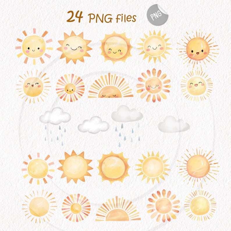 May include: A collection of 24 PNG files featuring watercolor illustrations of smiling suns, clouds, and rain. The suns are in various styles, with yellow and orange hues. The text "24 PNG files" is at the top.