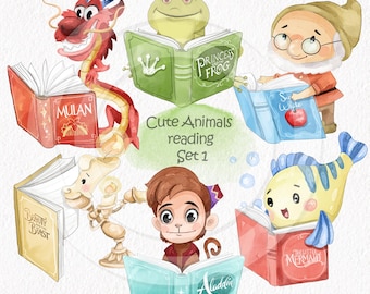 Cute animals reading book clipart set1, Hand drawn clipart, PNG file - 300 dpi