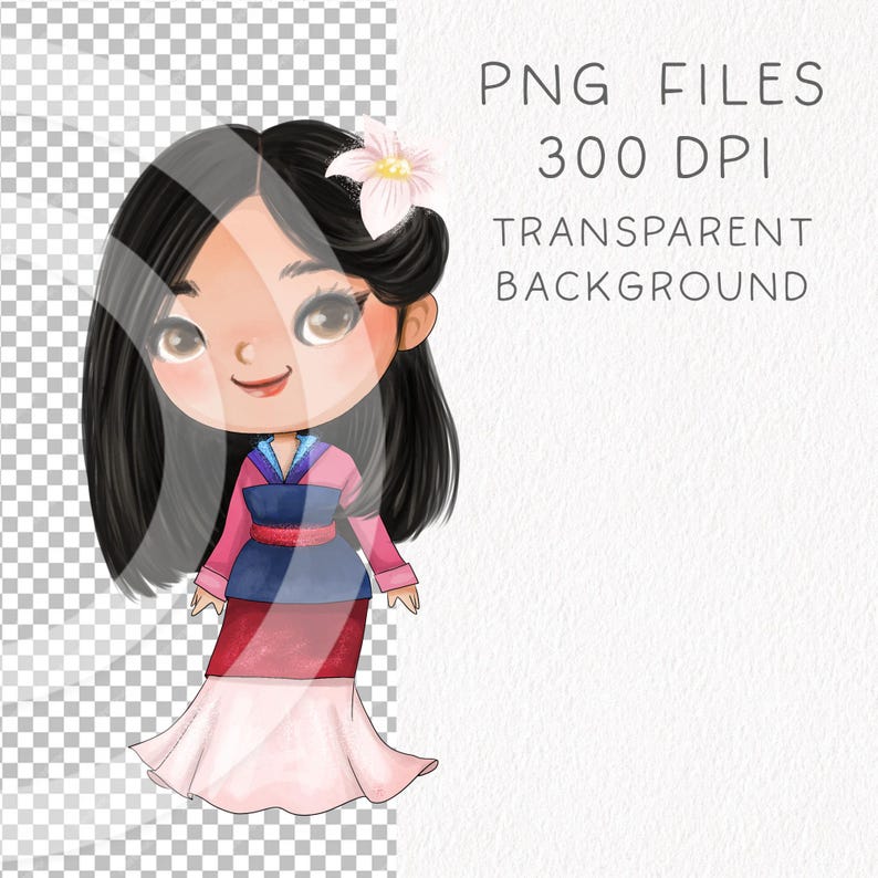 Puede incluir: Una ilustraci&oacute;n de dibujos animados de una joven con el pelo largo y negro, vestida con un vestido rosa y azul con una flor blanca en el pelo. El fondo es transparente.