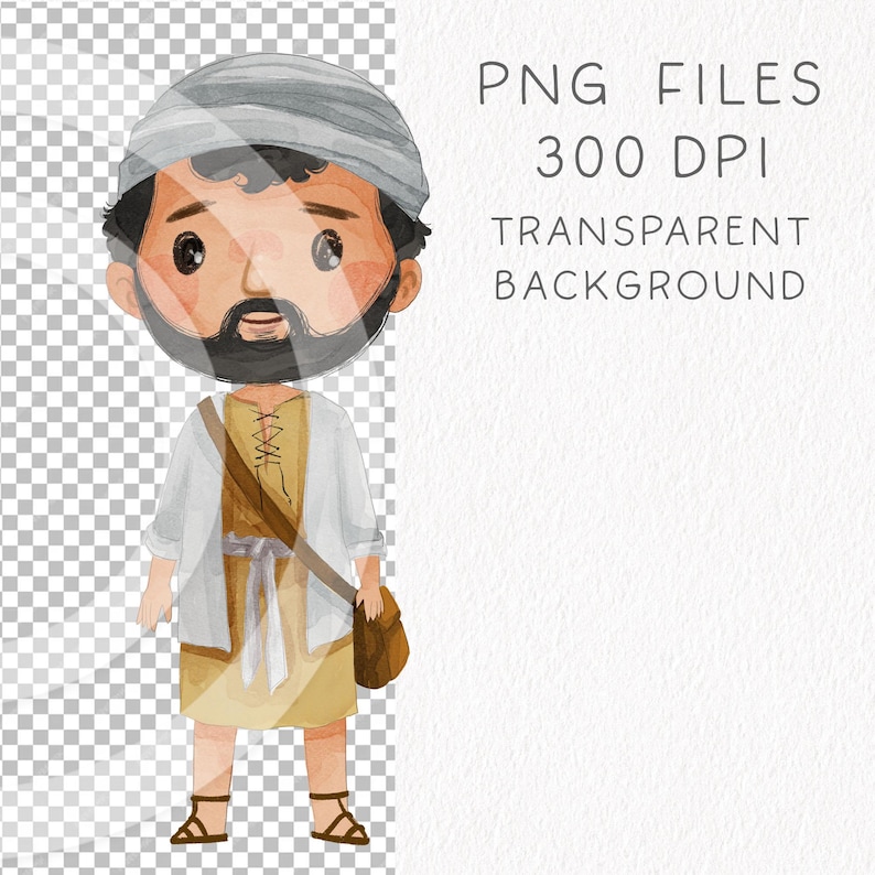 May include: A cartoon illustration of a person wearing a gray turban, a white robe, a brown belt, and brown sandals. The person is carrying a brown bag over their shoulder.
