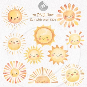 May include: A collection of ten watercolor PNG files featuring smiling sun illustrations in various designs. The suns are primarily yellow and orange, with smiling faces and radiating lines.