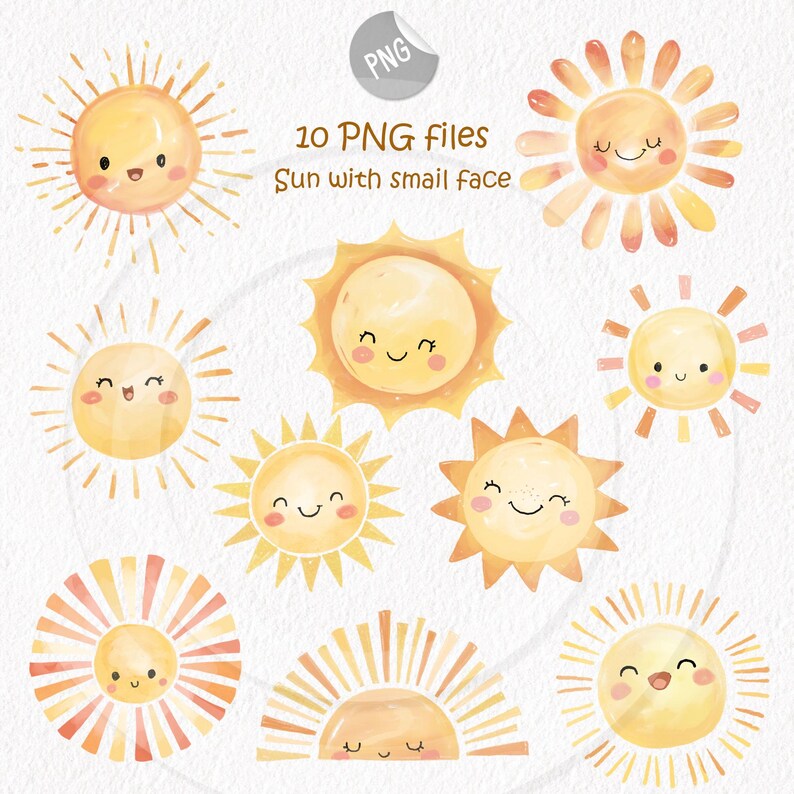 May include: A collection of ten watercolor PNG files featuring smiling sun illustrations in various designs. The suns are primarily yellow and orange, with smiling faces and radiating lines.
