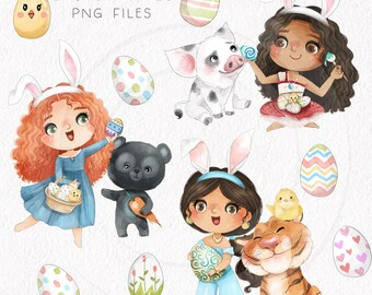 Easter girls and pet , Hand drawn illustration Clipart PNG files 300 dpi.