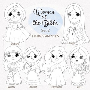 May include: Black and white line art illustrations of women from the Bible. The women are depicted in a cartoon style with large eyes and simple features. The names of the women are written below each illustration. The text "Women of the Bible Set 2 Digital Stamp Files" is written at the top of the image.