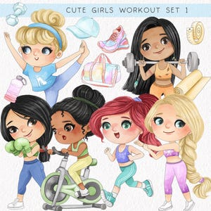 Cute Girls workout clipart set1 ,instant download PNG file - 300 dpi