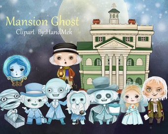 Mansion Ghost, Halloween Clipart  ,Hand-drawn Illustration ,PNG files 300 dpi.