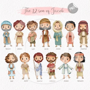 Op de afbeelding: Waterverfillustratie van de twaalf zonen van Jakob, elk afgebeeld als een cartoonfiguur. De figuren dragen verschillende gewaden en hoofddeksels, met namen eronder. De tekst "The 12 son of Jacob" staat boven de figuren.