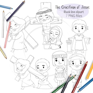May include: Black and white line art illustrations of the crucifixion of Jesus. The illustrations include Jesus carrying the cross, Jesus on the cross, Mary, a Roman soldier, and a man in chains. The title "The Crucifixion of Jesus" is at the top of the image. The text "Black line clipart" and "7 PNG files" is below the title.
