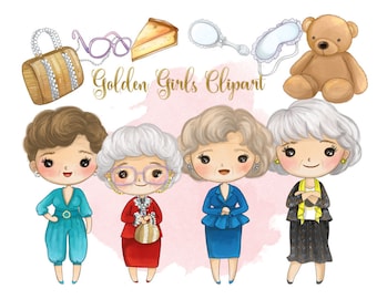 Peut inclure: Quatre illustrations de dessins animés des Golden Girls, Dorothy, Rose, Blanche et Sophia. Chaque personnage porte une tenue différente. Les personnages sont debout devant un fond rose avec le texte "Golden Girls Clipart".