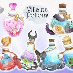 May include: Six watercolor illustrations of potion bottles with various villainous themes. The bottles are filled with colorful liquids and feature details like hearts, a crown, an apple, and an octopus.