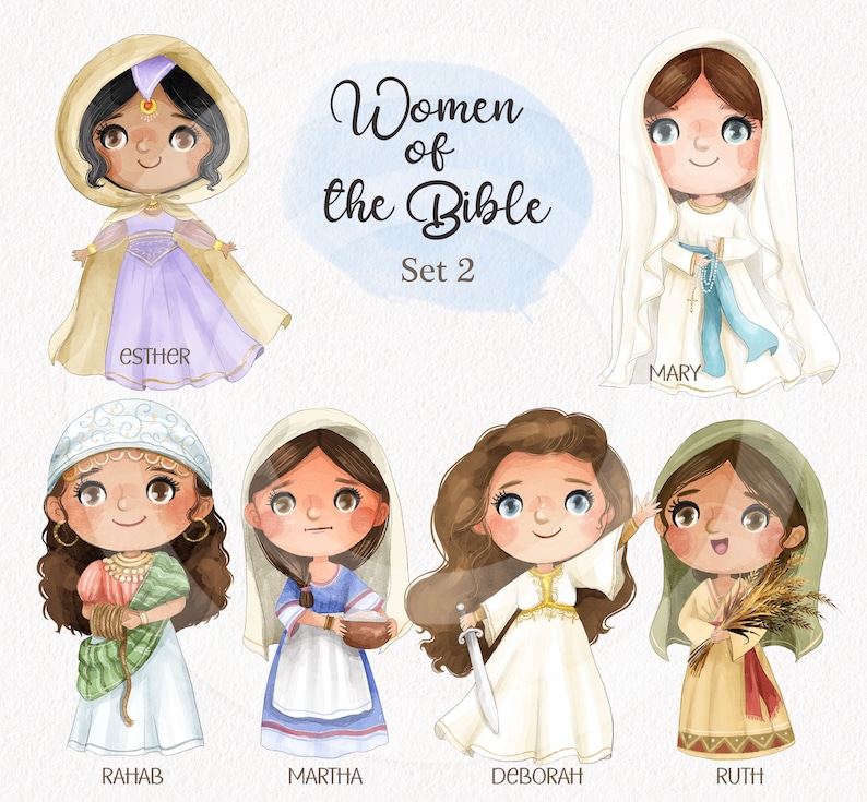 May include: Illustration of women from the Bible, including Esther, Mary, Rahab, Martha, Deborah, and Ruth. The illustration is in a cartoon style with watercolor backgrounds. The title "Women of the Bible Set 2" is at the top of the image.