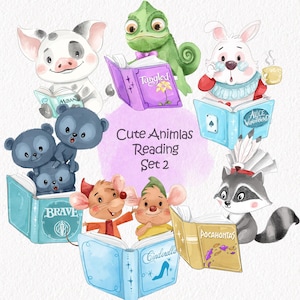 May include: Watercolor illustration of cute animals reading books. Includes a pig, chameleon, rabbit, bears, mice, and raccoon. The books have titles like "Moana", "Tangled", "Alice in Wonderland", "Brave", "Cinderella", and "Pocahontas". The text "Cute Animals Reading Set 2" is also present.