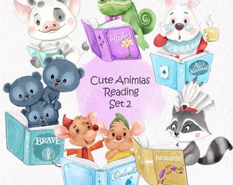 Cute animals reading book clipart set2, Hand drawn clipart, PNG file - 300 dpi