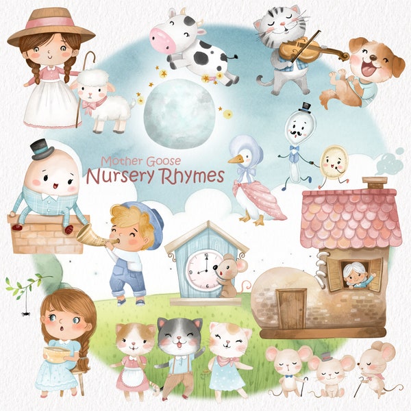 Cute Mother Goose , Nursery Rhymes Clipart PNG files 300 dpi.
