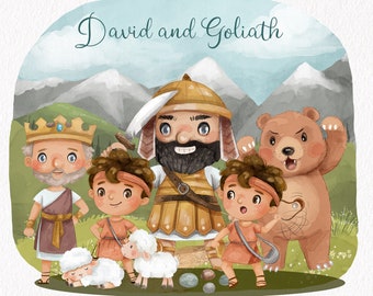 May include: An illustration of the biblical story of David and Goliath.  David, a young shepherd boy, is shown with a slingshot and a small flock of sheep.  Goliath, a giant warrior, is shown with a sword and shield.  The text "David and Goliath" is written at the top of the image.