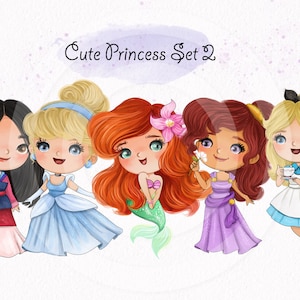 Puede incluir: El conjunto de Princesas Lindas 2 presenta cinco princesas de dibujos animados en varias poses. Las princesas est&aacute;n vestidas con vestidos coloridos y tienen cabello largo y fluido. El conjunto incluye a Mulan, Cenicienta, Ariel, Rapunzel y Alicia.