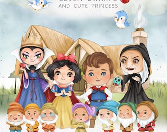 May include: A watercolor illustration of Snow White and the Seven Dwarfs. Snow White is wearing a yellow dress with a red sash and a blue bow in her hair. The Seven Dwarfs are wearing colorful clothes and hats. The Evil Queen is wearing a black dress and a crown. The illustration is set in front of a cottage with a chimney.