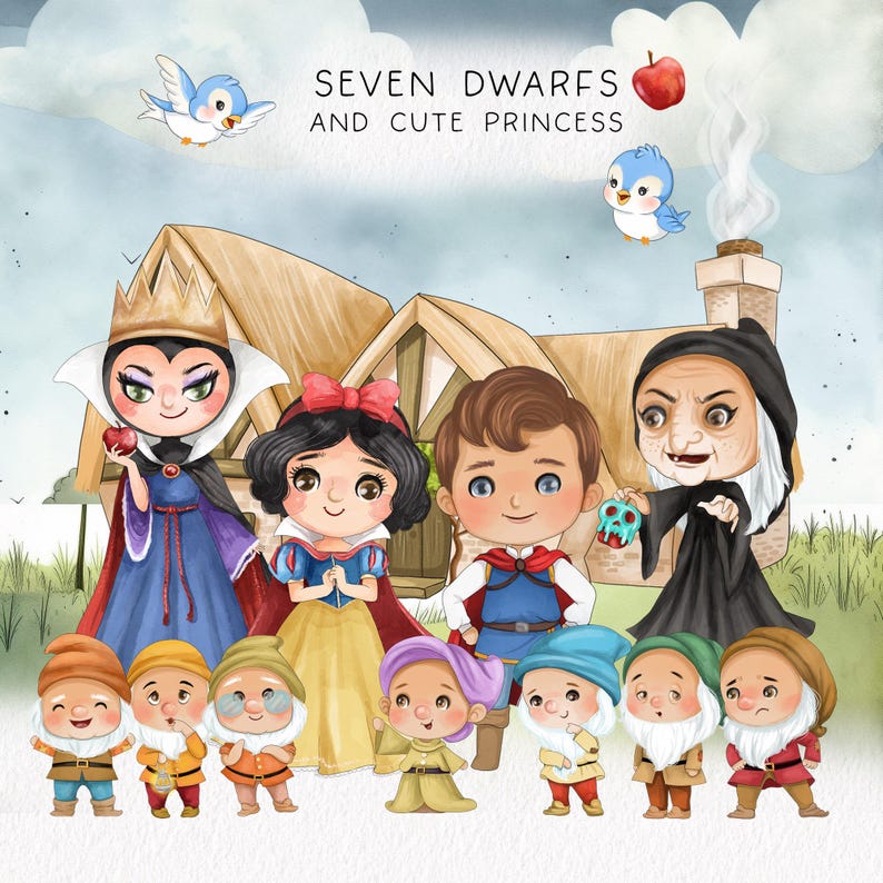 Princess and Seven Dwarfs Clipart: Hand-drawn PNG Images (digital ...