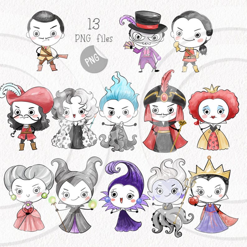 May include: A collection of 13 PNG files featuring cartoon illustrations of various villains. Each character is depicted in a unique outfit and style, with a distinct color palette. The characters include a variety of classic villains.
