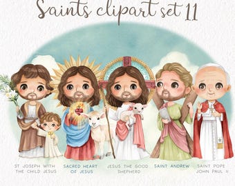 Conjunto de imágenes prediseñadas de santos: ilustraciones de religión e historias bíblicas dibujadas a mano (archivos PNG)