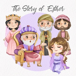 Puede incluir: Ilustración en acuarela titulada "The Story of Esther" con personajes de dibujos animados. Un rey está sentado en un trono, rodeado de figuras con túnicas y coronas. La paleta de colores incluye rosa, morado y dorado.