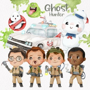 May include: Four cartoon ghostbusters in tan jumpsuits with proton packs and ghost traps. They are standing in front of a white car with a red stripe and the words "Ghost Hunter" on the side. There is a green ghost and a white ghost with a sailor hat in the background.
