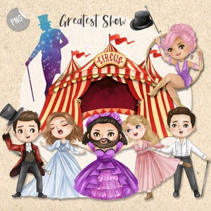 Pode incluir: Uma ilustração digital apresentando uma tenda de circo listrada de vermelho e amarelo com o texto Greatest Show. Os personagens incluem uma silhueta roxa, uma acrobata de cabelo rosa e cinco artistas em trajes formais, incluindo uma pessoa barbuda de roxo.