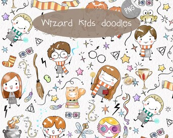 Wizard kids Hand Drawn ,doodle clipart set 1, instant download PNG file - 300 dpi