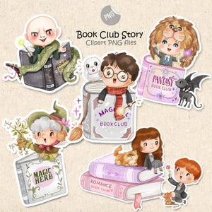 Puede incluir: Una colección de archivos PNG de imágenes prediseñadas caprichosas con personajes de dibujos animados y libros. Los personajes incluyen un mago, una bruja y estudiantes, cada uno asociado con un libro etiquetado como "Horror", "Magic Herb", "Fantasy Book Club", "Romance Book Club" y "Mag Book Club". También está presente el texto "Book Club Story".