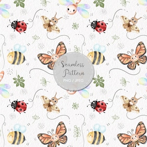 Op de afbeelding: Een naadloos patroon met aquarel illustraties van insecten, waaronder vlinders, bijen, lieveheersbeestjes en libellen, tegen een witte achtergrond. Het ontwerp bevat de tekst "Seamless Pattern PNG / JPEG".