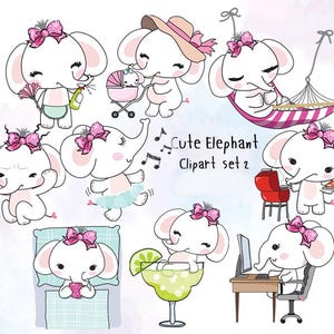 Cute Elephant clipart set 2 , Kawaii clipart, Hand drawn clipart PNG files.