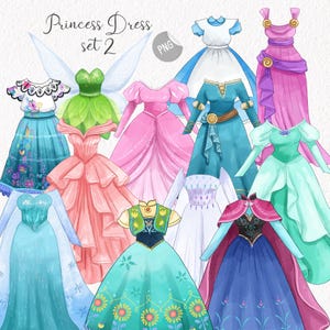 May include: A collection of watercolor princess dresses in various colors, including pink, blue, green, and purple. The image includes dresses inspired by fairy tales, with the text "Princess Dress set 2" at the top.